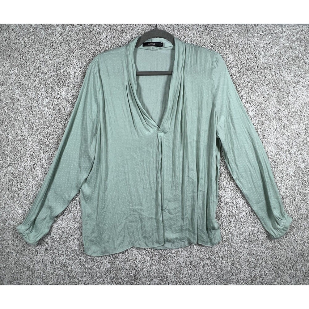 Amaro Womens Blouse Green Long Sleeve V Neck Casual Top Size 42